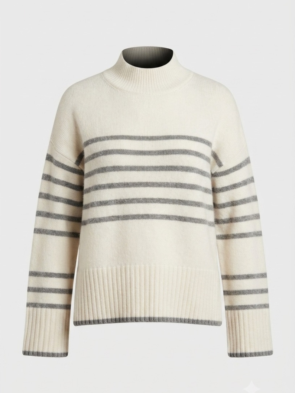Stateside Wool Cashmere Striped Mock Neck Sweater Cream/Grey Coastal Chic